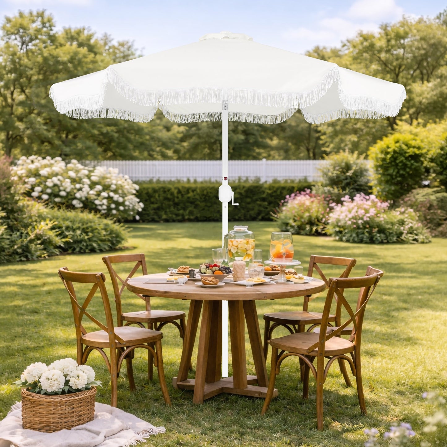 9ft Boho Fringe Umbrella  Tilt, UPF50+, Steel Pole