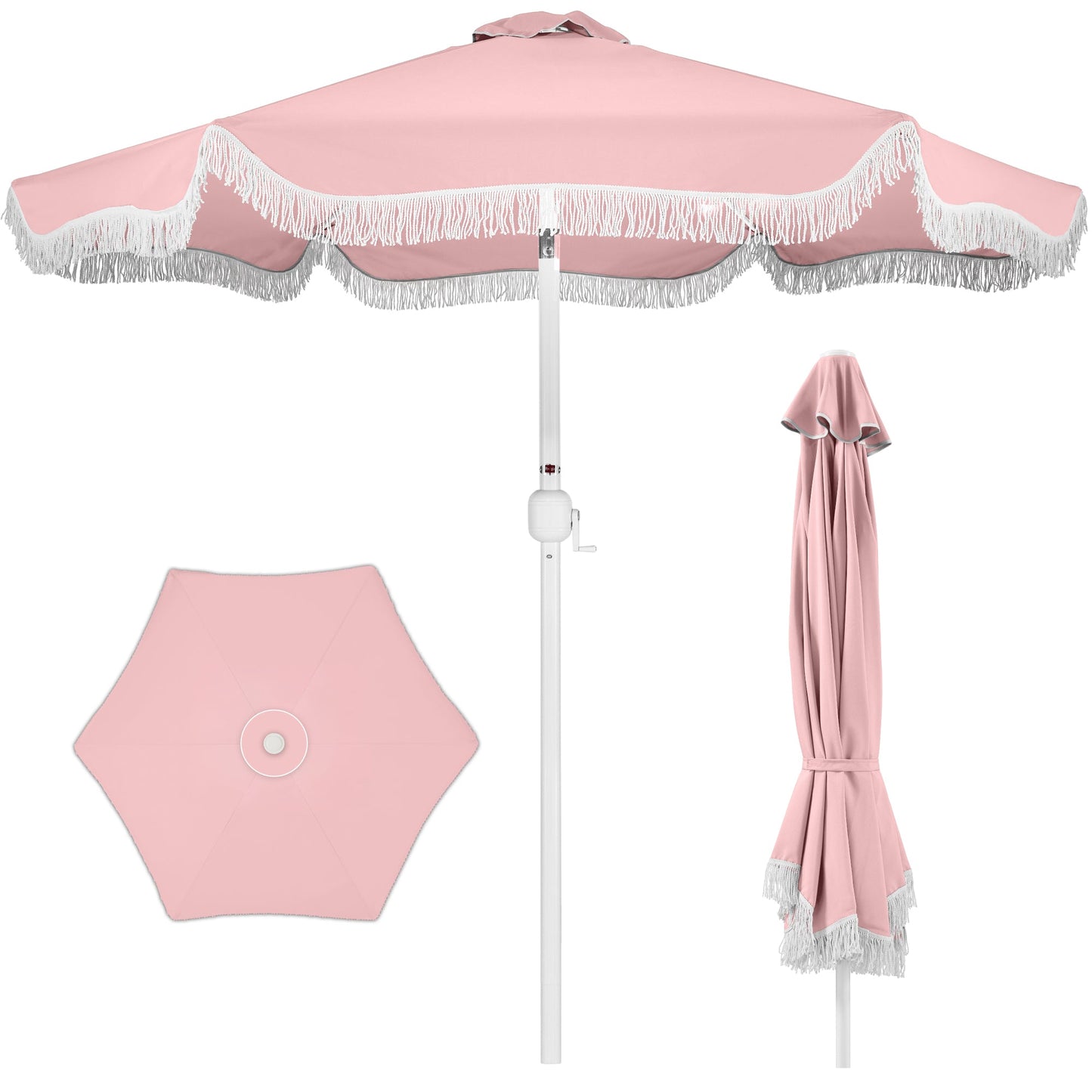 9ft Boho Fringe Umbrella  Tilt, UPF50+, Steel Pole