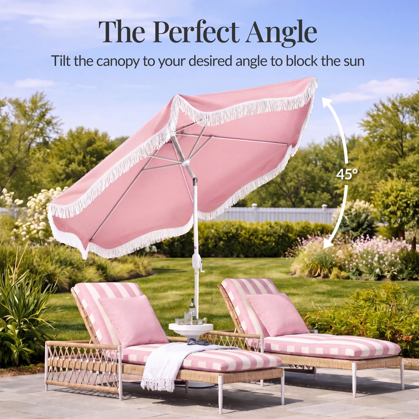 9ft Boho Fringe Umbrella  Tilt, UPF50+, Steel Pole