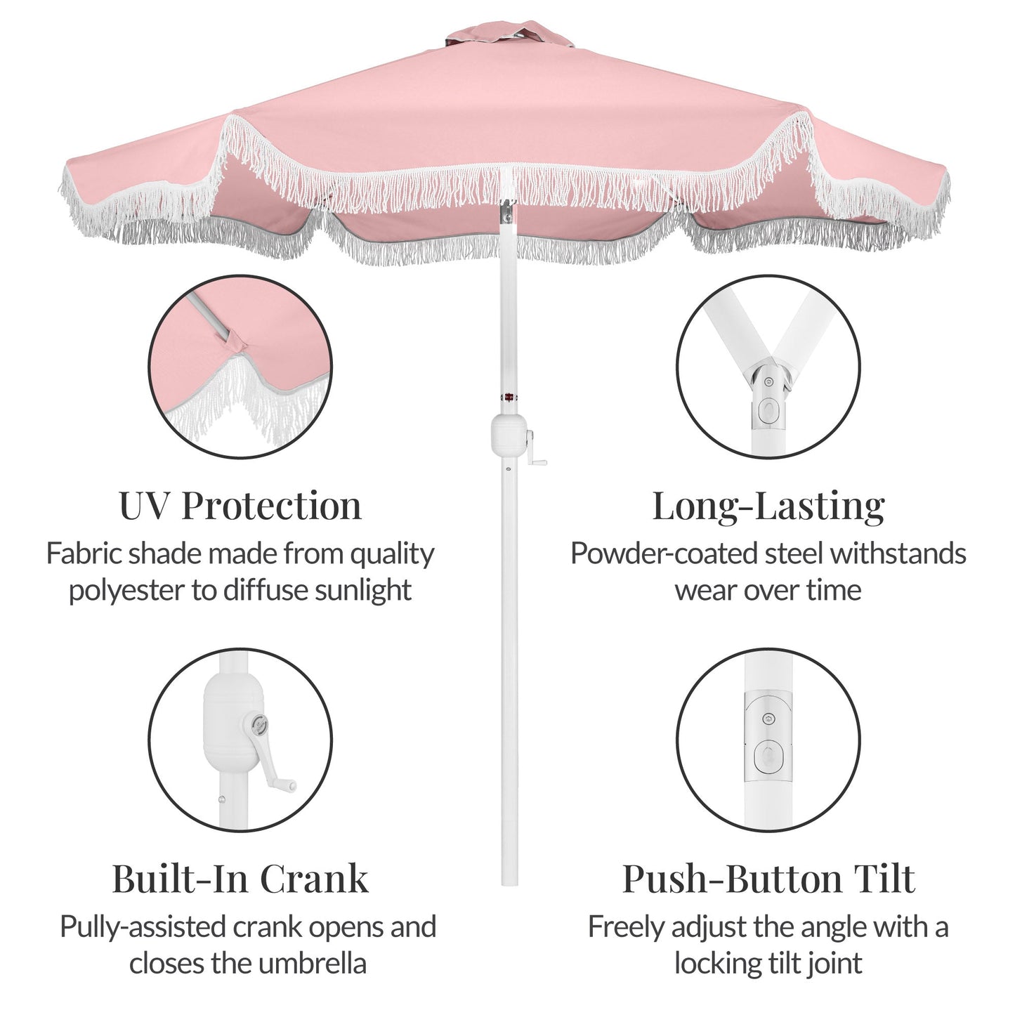 9ft Boho Fringe Umbrella  Tilt, UPF50+, Steel Pole