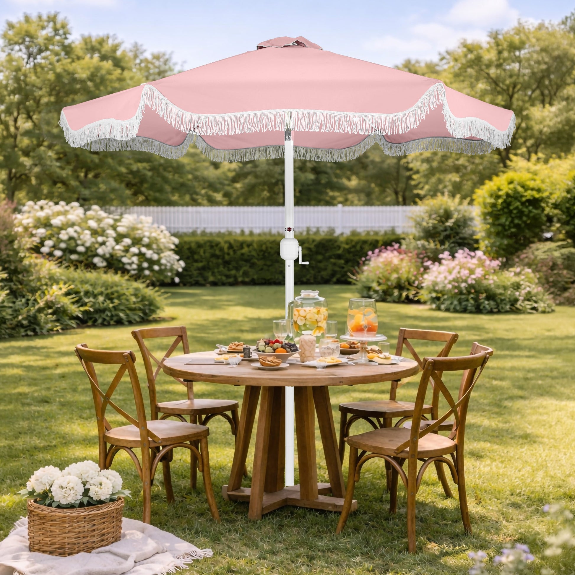 9ft Boho Fringe Umbrella  Tilt, UPF50+, Steel Pole