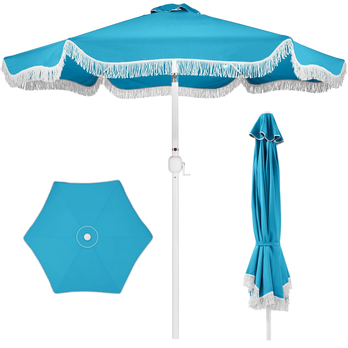 9ft Boho Fringe Umbrella  Tilt, UPF50+, Steel Pole