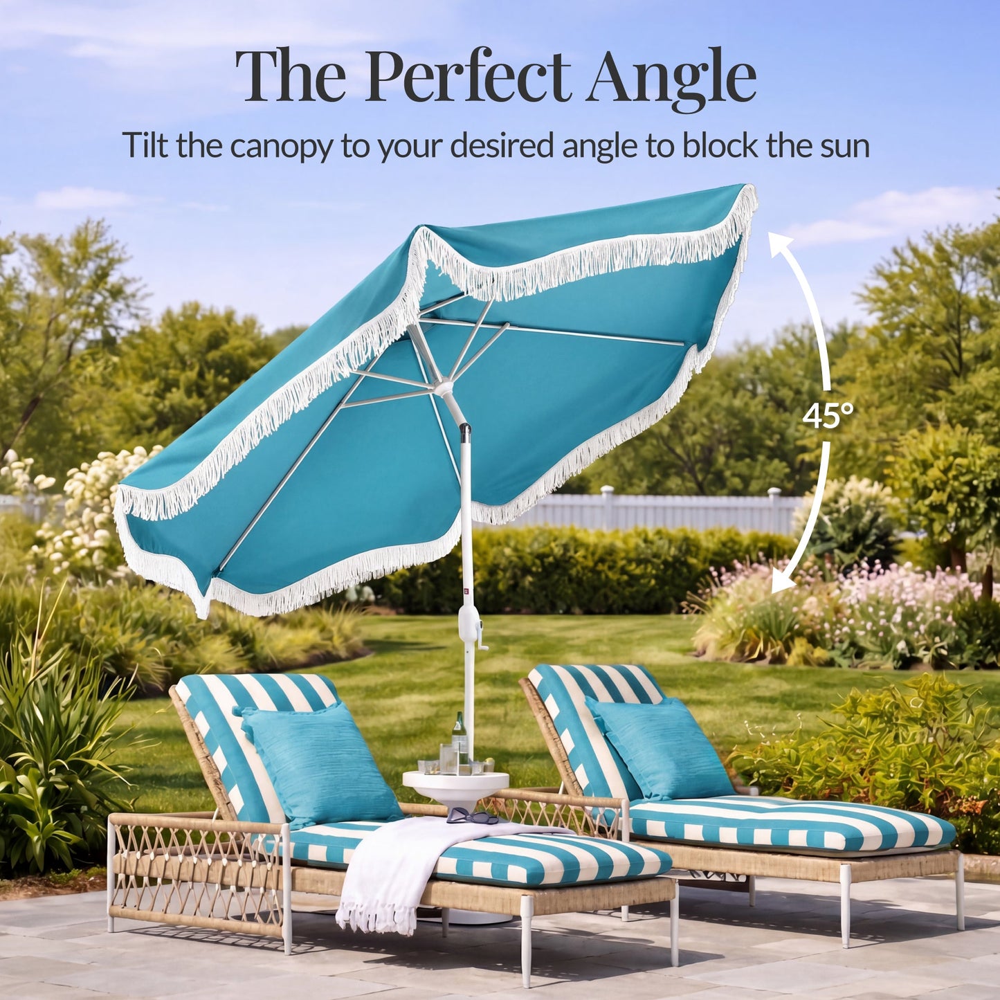 9ft Boho Fringe Umbrella  Tilt, UPF50+, Steel Pole