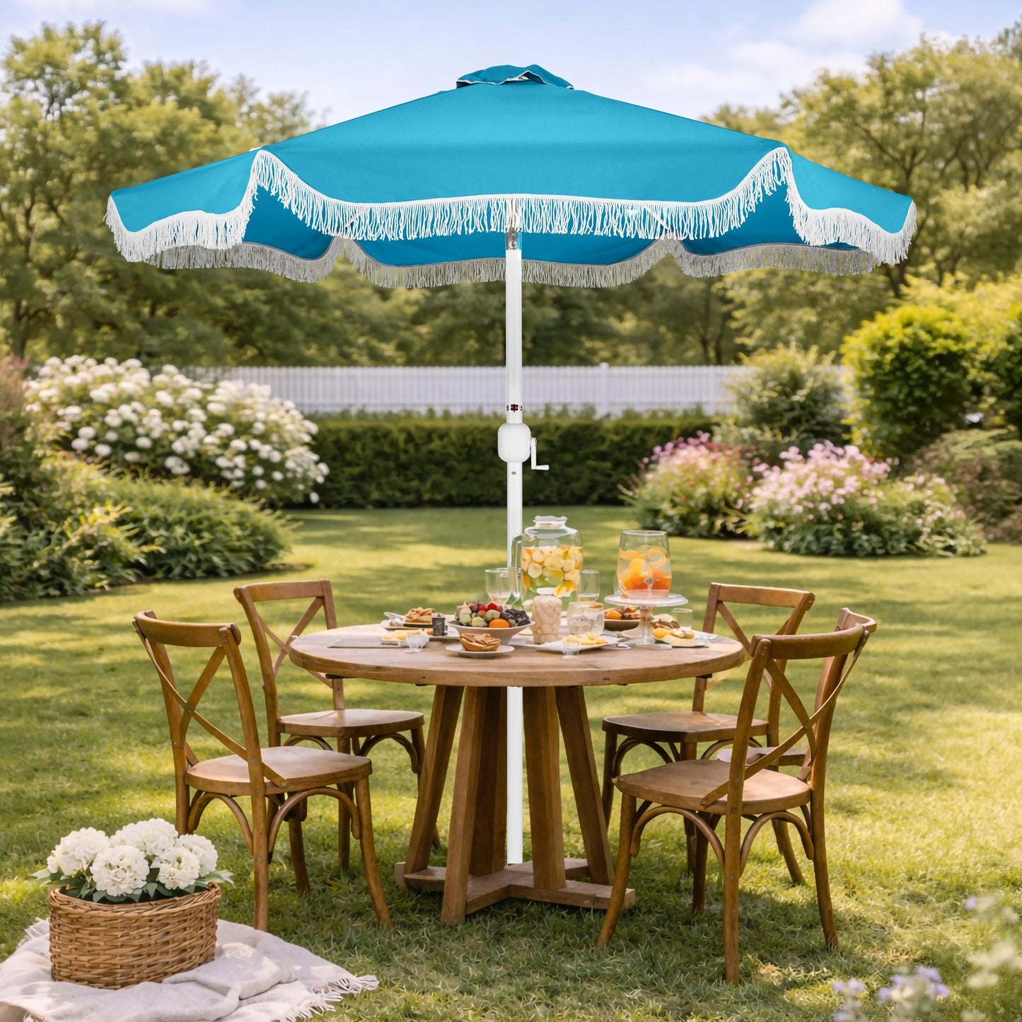 9ft Boho Fringe Umbrella  Tilt, UPF50+, Steel Pole