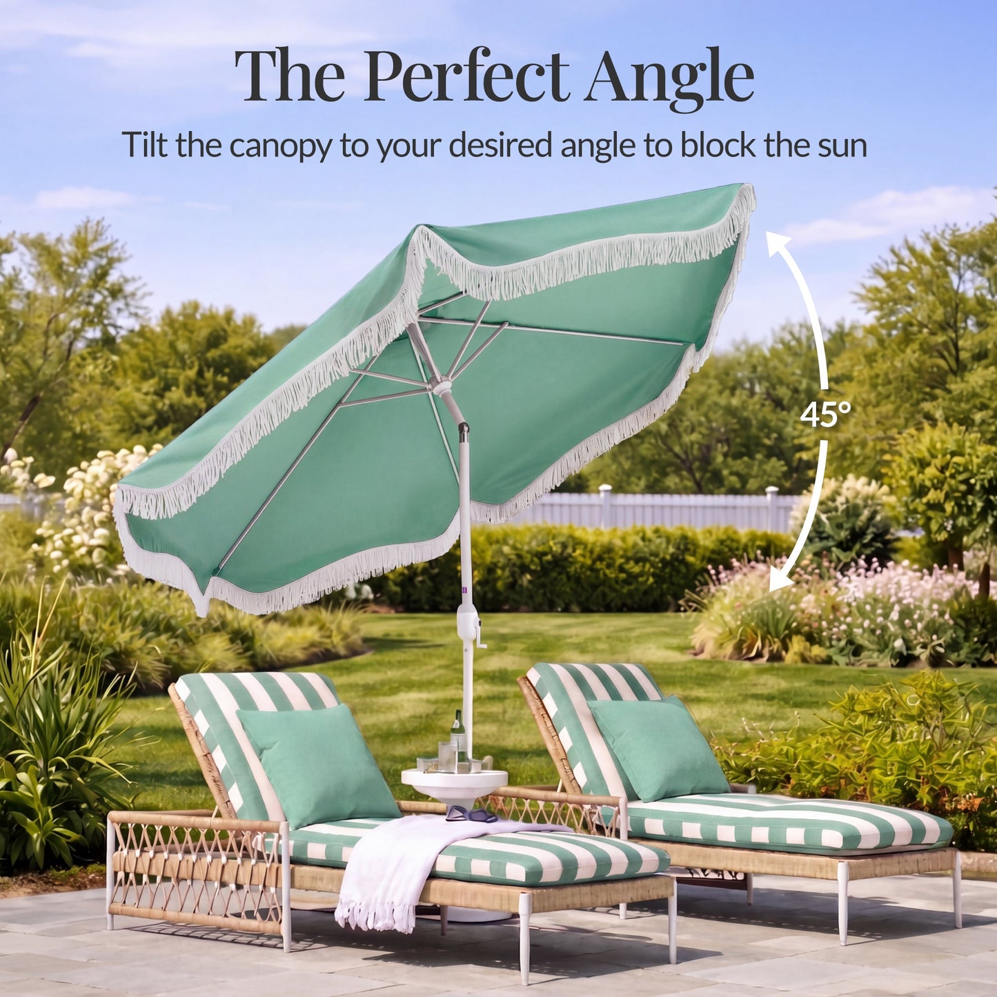9ft Boho Fringe Umbrella  Tilt, UPF50+, Steel Pole