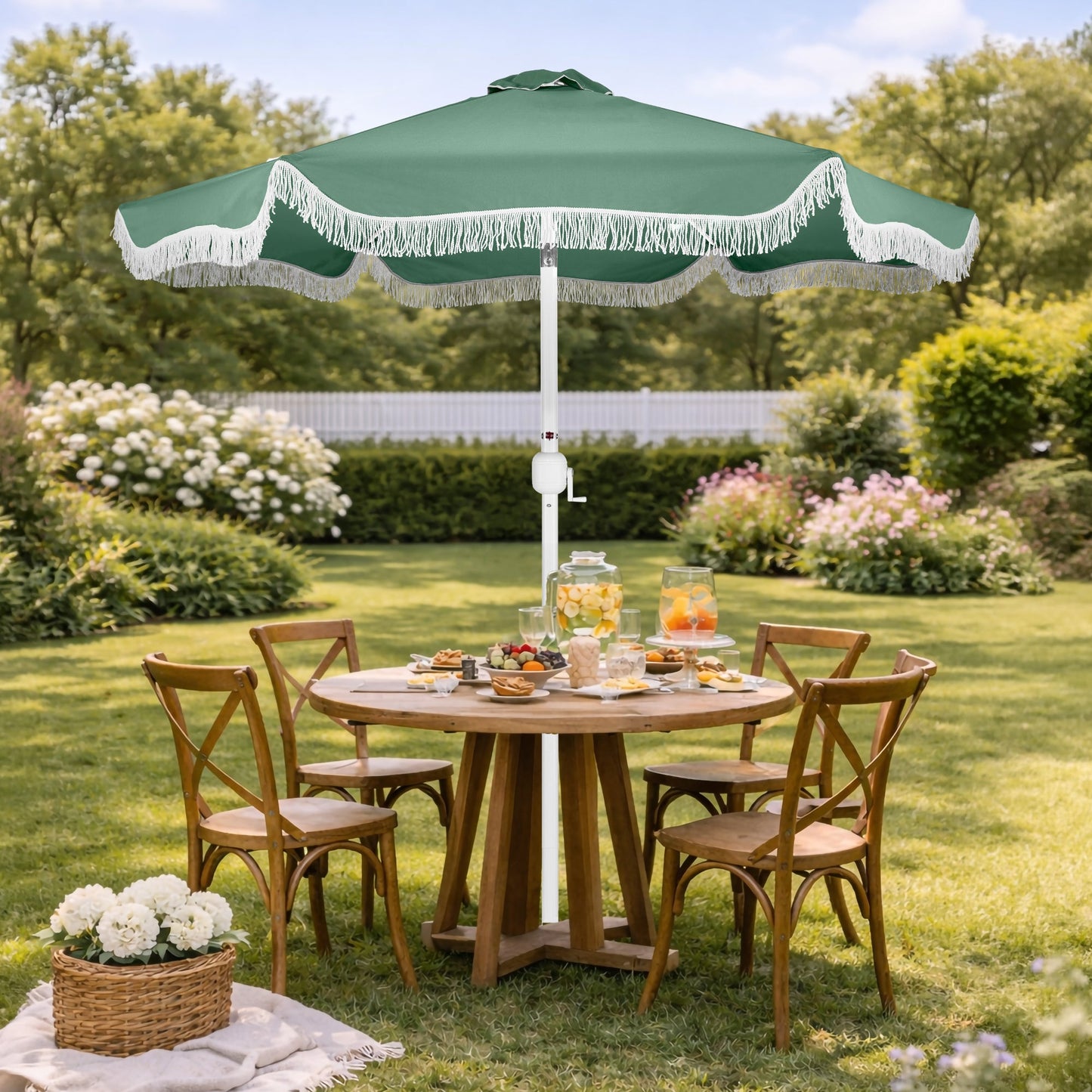 9ft Boho Fringe Umbrella  Tilt, UPF50+, Steel Pole