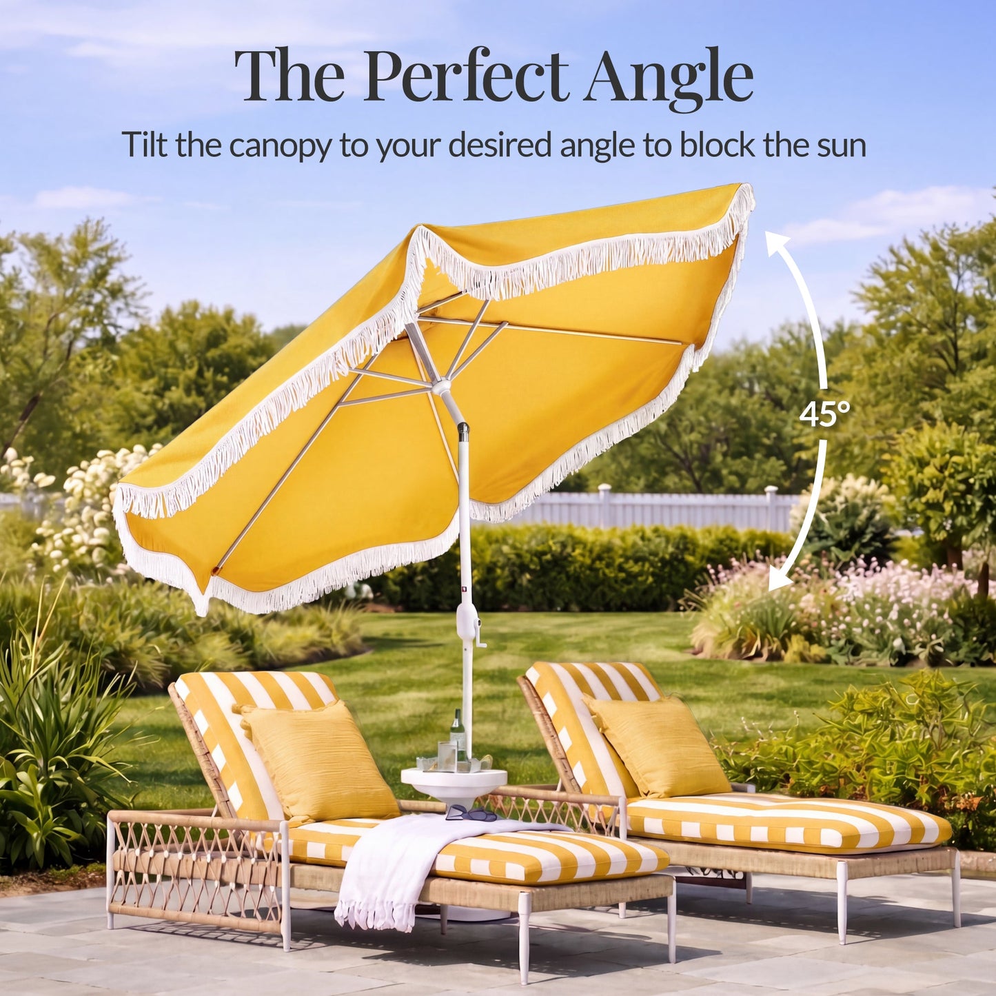 9ft Boho Fringe Umbrella  Tilt, UPF50+, Steel Pole