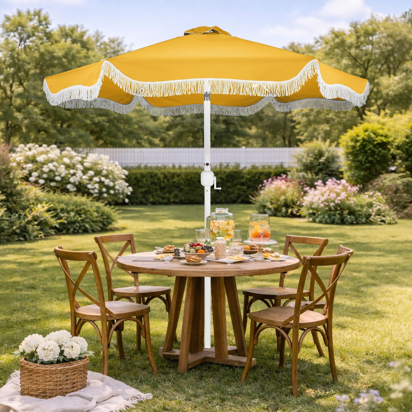 9ft Boho Fringe Umbrella  Tilt, UPF50+, Steel Pole