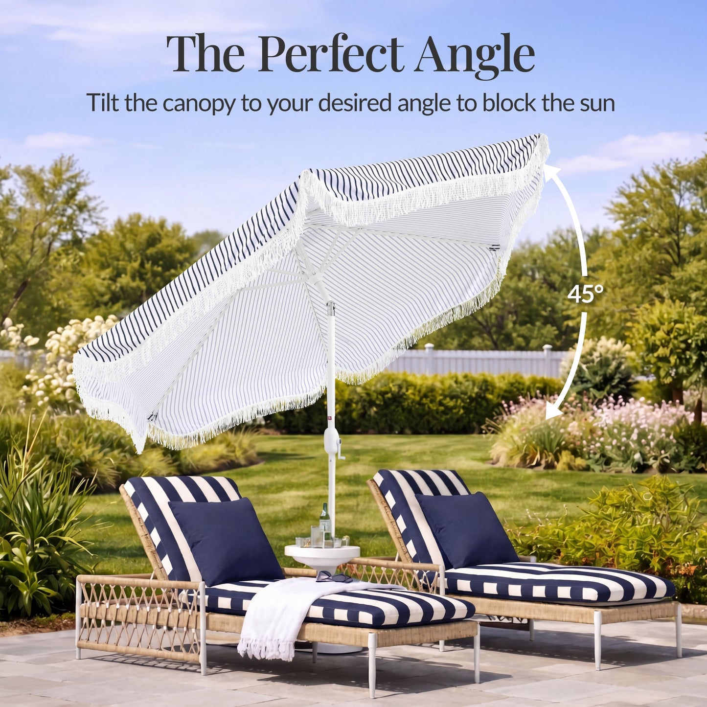 9ft Boho Fringe Umbrella  Tilt, UPF50+, Steel Pole