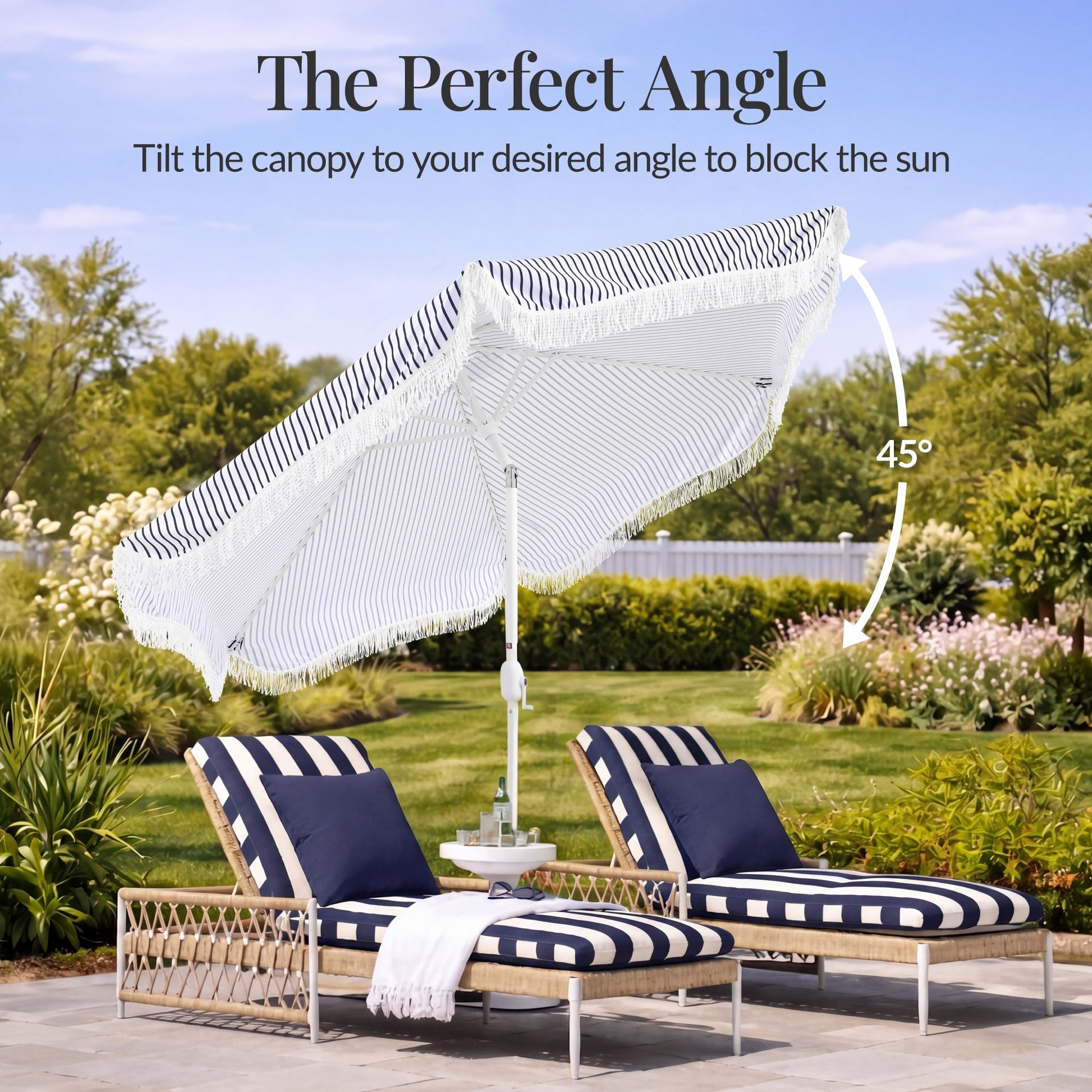 9ft Boho Fringe Umbrella  Tilt, UPF50+, Steel Pole