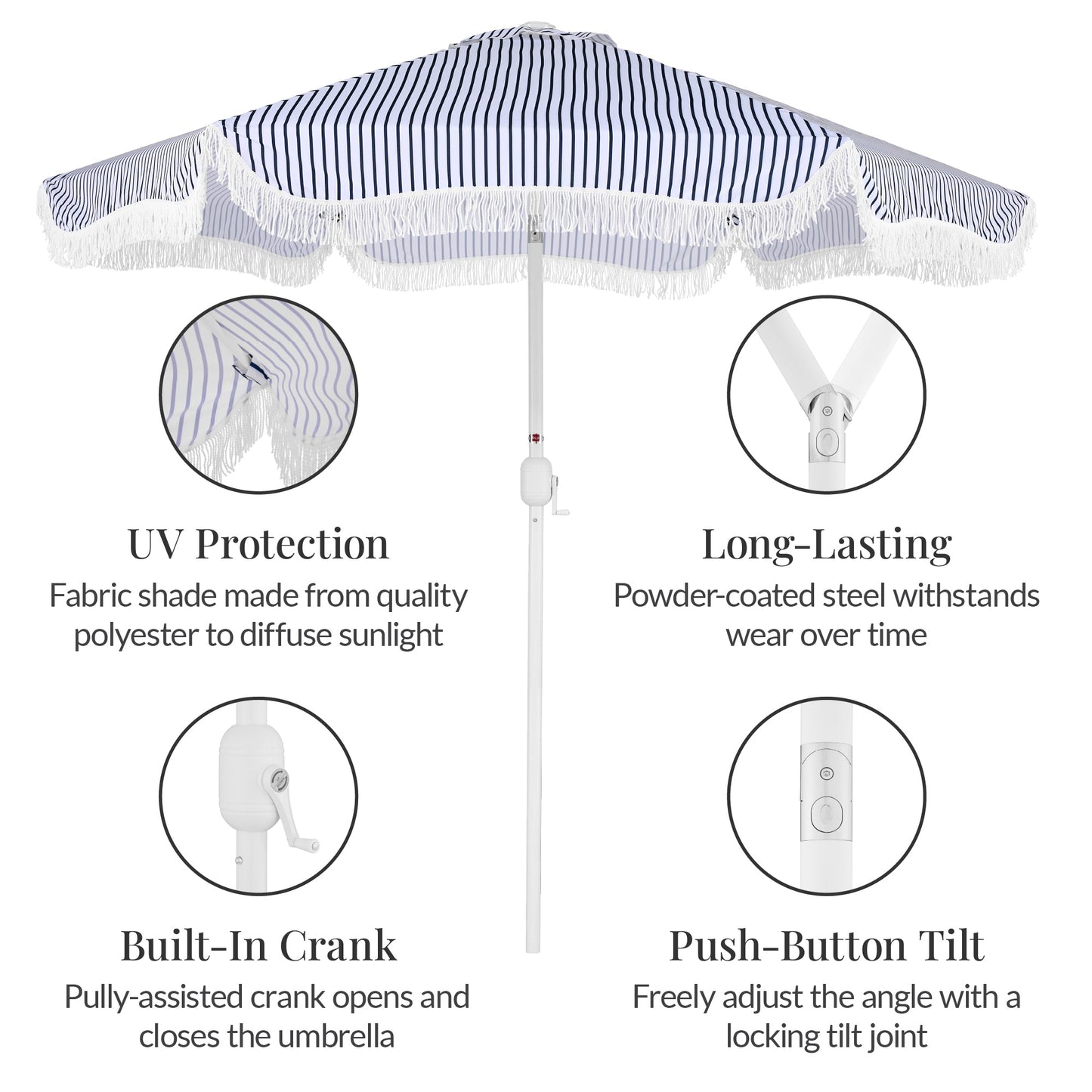 9ft Boho Fringe Umbrella  Tilt, UPF50+, Steel Pole