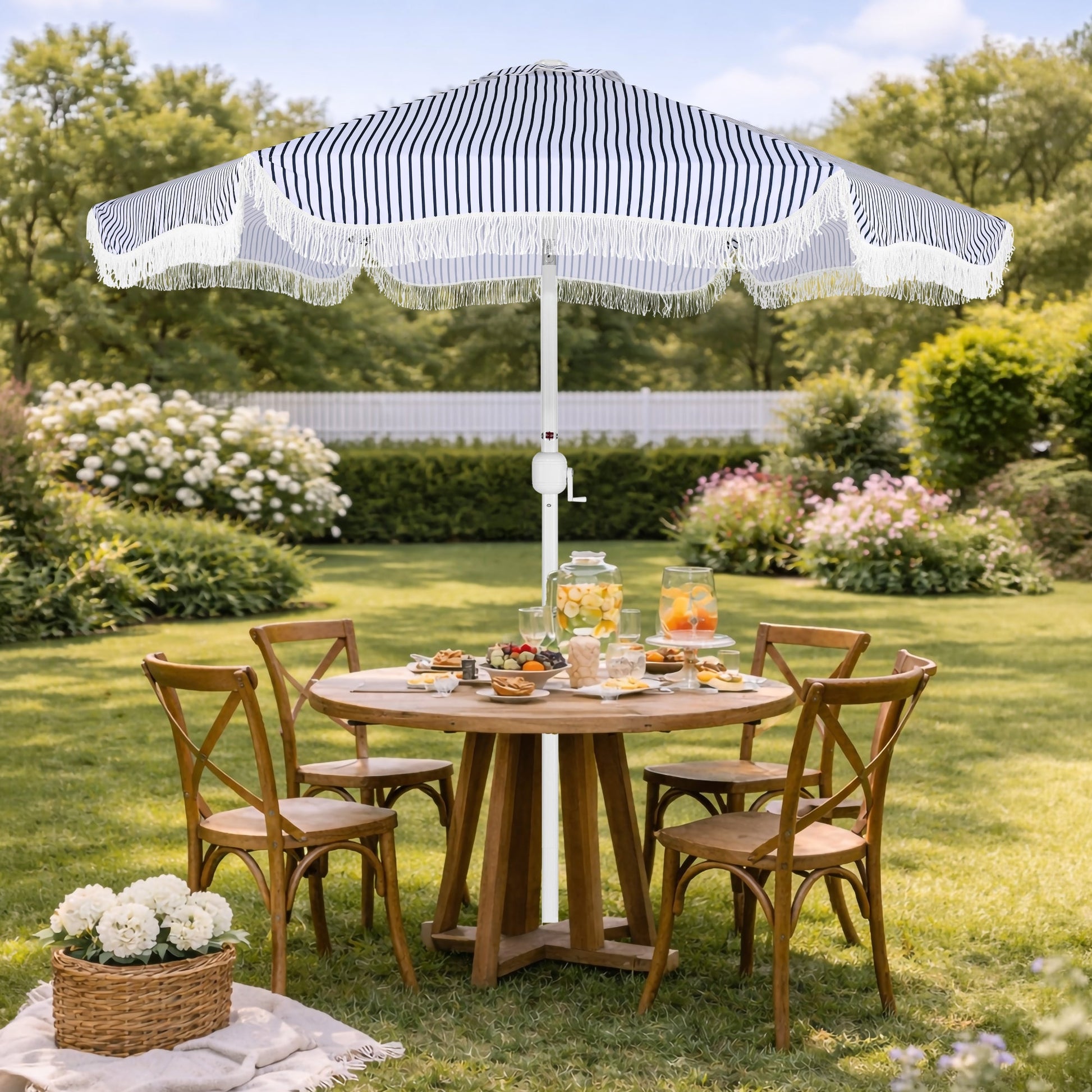 9ft Boho Fringe Umbrella  Tilt, UPF50+, Steel Pole