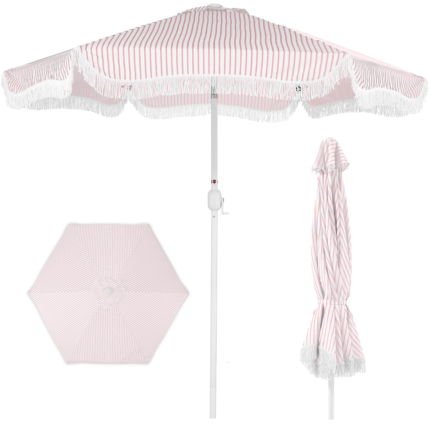 9ft Boho Fringe Umbrella  Tilt, UPF50+, Steel Pole