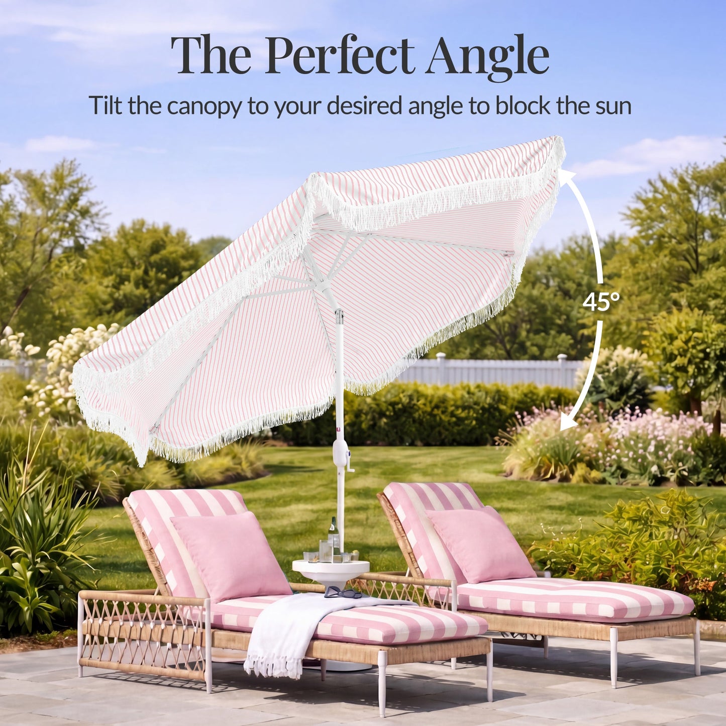 9ft Boho Fringe Umbrella  Tilt, UPF50+, Steel Pole