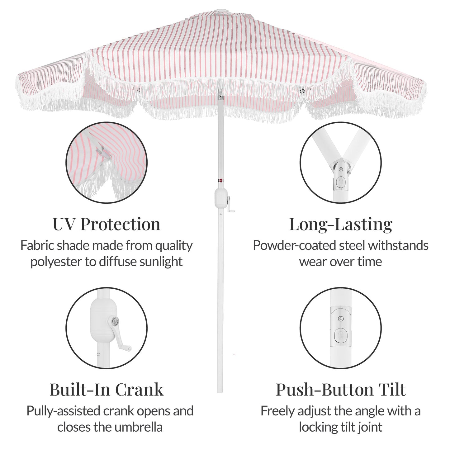 9ft Boho Fringe Umbrella  Tilt, UPF50+, Steel Pole