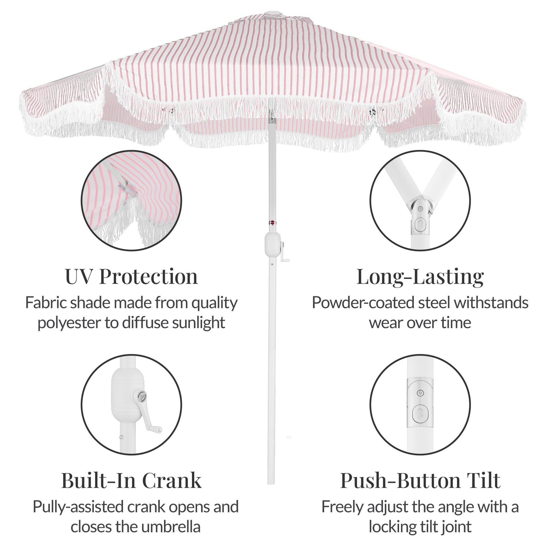 9ft Boho Fringe Umbrella  Tilt, UPF50+, Steel Pole