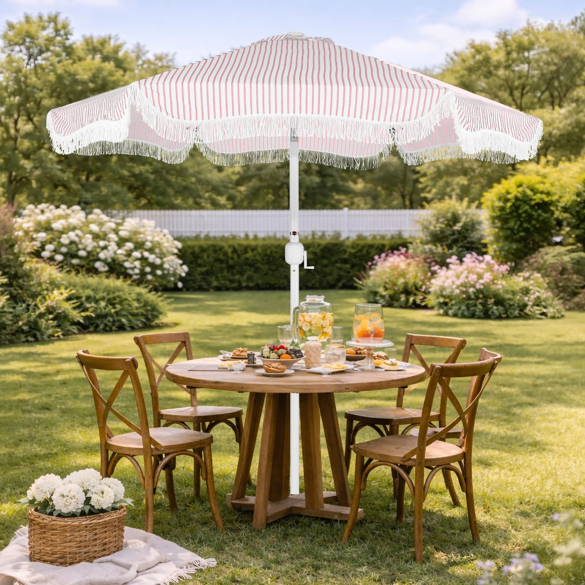 9ft Boho Fringe Umbrella  Tilt, UPF50+, Steel Pole