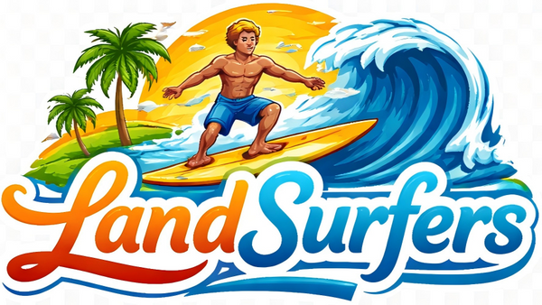 Logo of 'Land Surfers' with a surfer on a wave, palm trees, and colorful design.